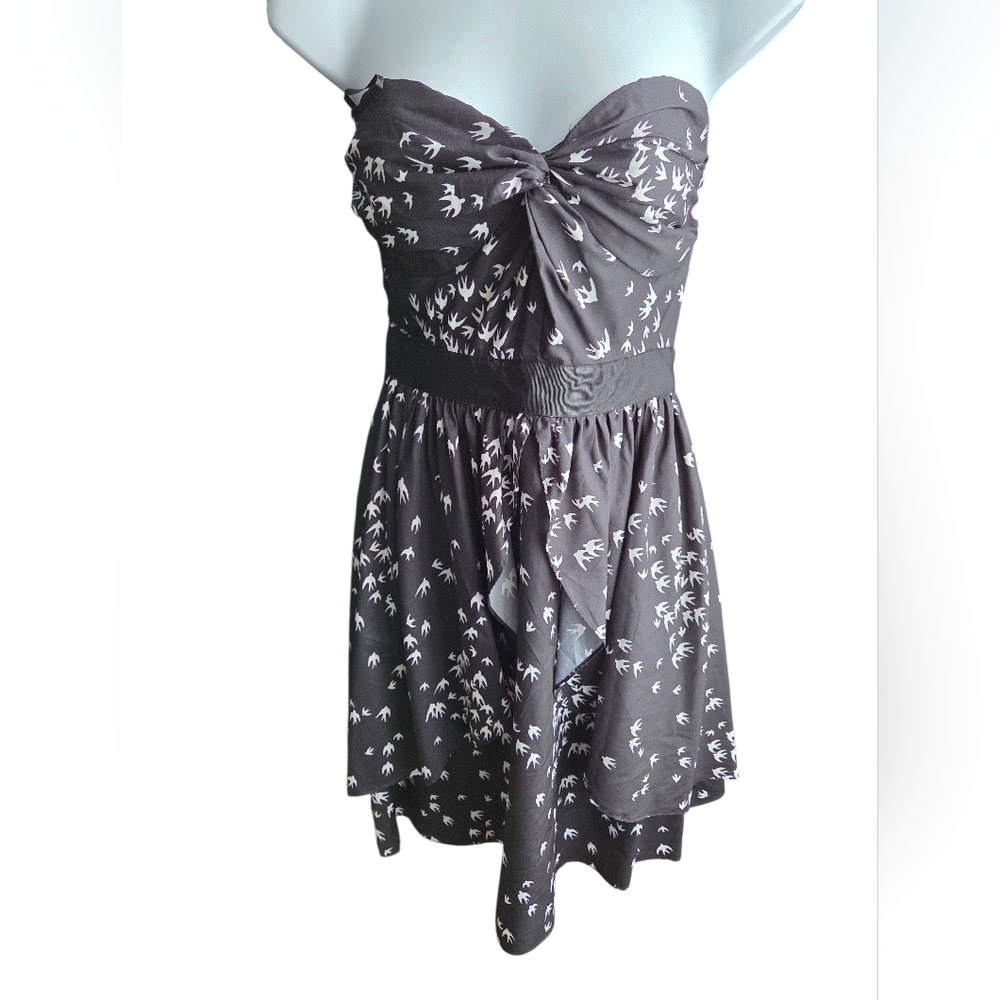Aijek Black White Bird Print Ruffled Strapless Size 2